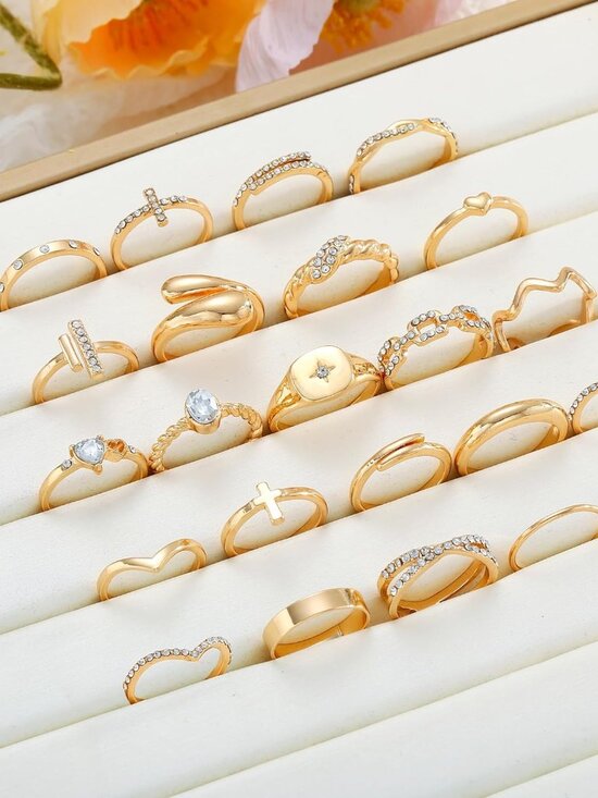 Gold Stackable Rings Set for Women, Gold Plated Chunky Crystal Finger Midi Stack - Picture 6 of 6